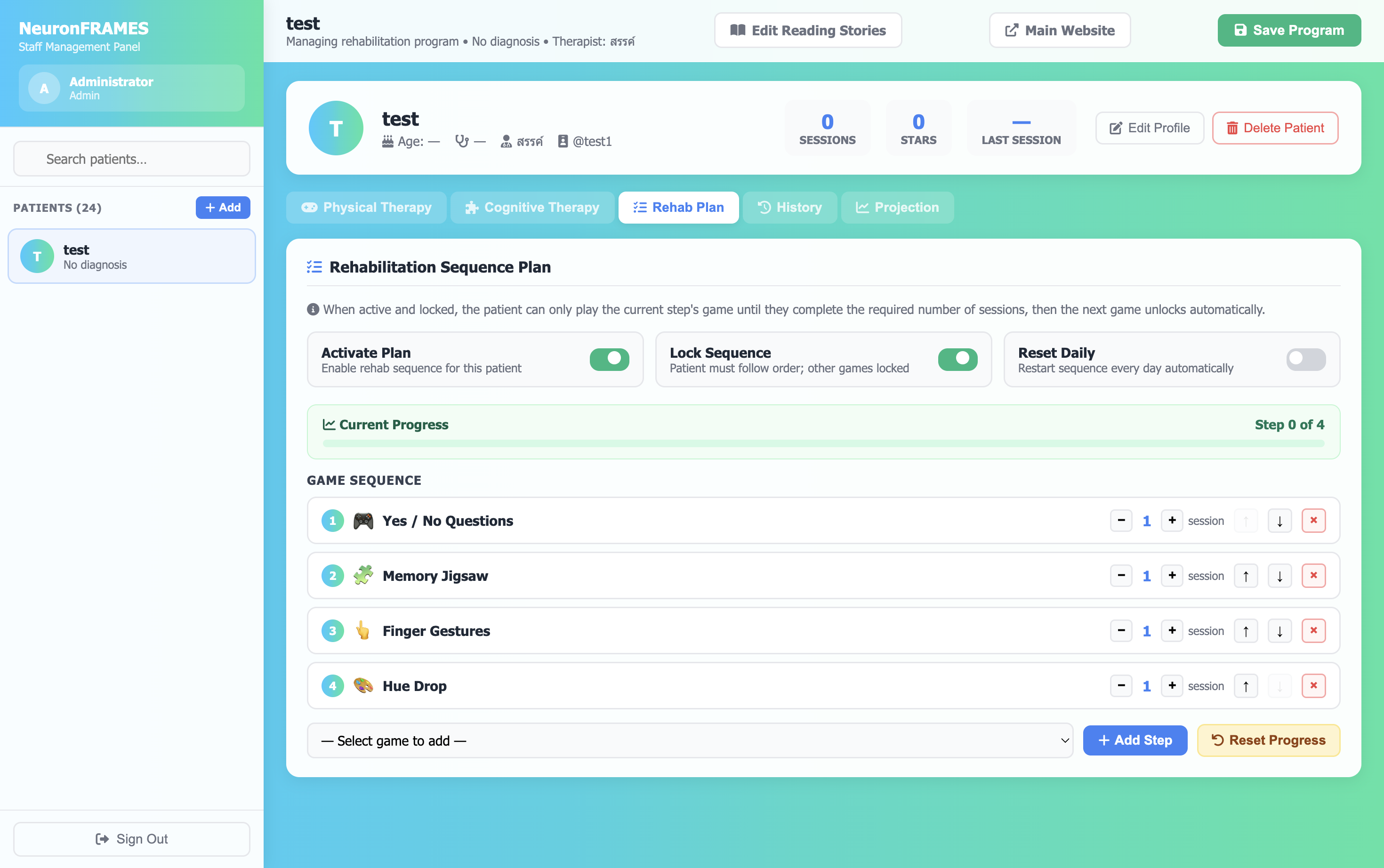 NeuronFRAMES medical-personnel dashboard — live therapy metrics, range-of-motion trends, and goal completion